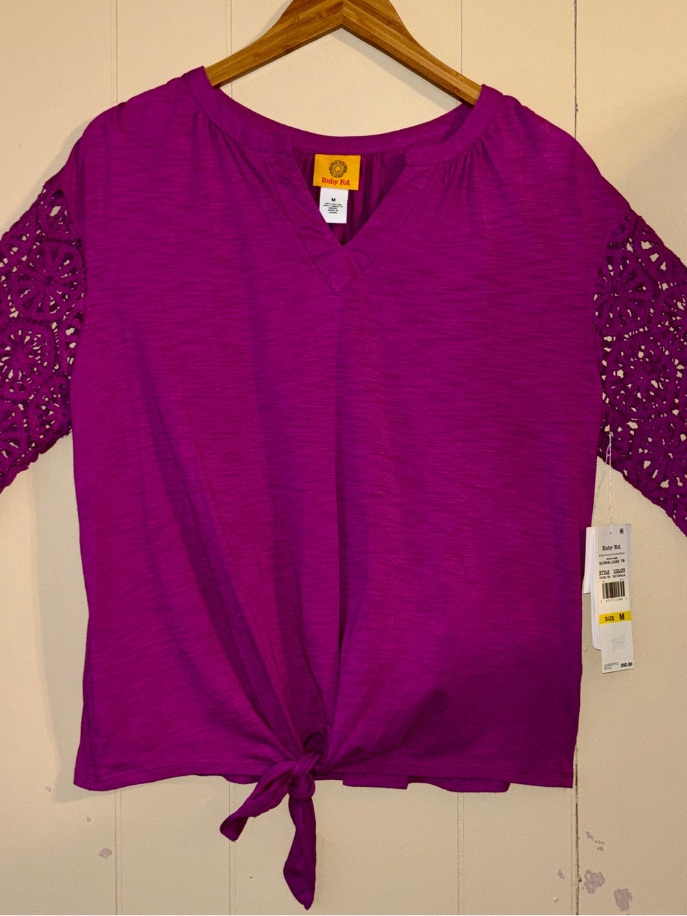 Ruby Rd. Women's Magenta Crochet-Sleeve Tie-Front Top Cotton and Modal